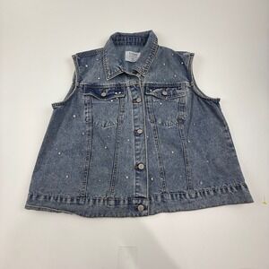 Ci Sono Denim Vest Rhinestone Studded Blue Jean Sleeveless Jacket Plus Size 1X